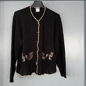 Vintage Southern Lady Black Tan Paisley Embroidery Button Cardigan sz L made USA
